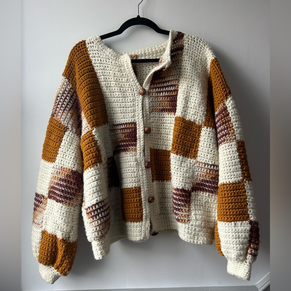 Cozy Patchwork Knit Sweater - Cream and Brown